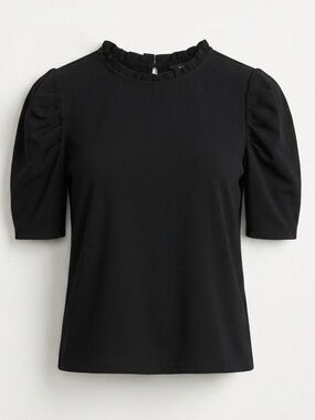 Adrianna Papell Black Ruffle Neck Puff-Sleeve Blouse